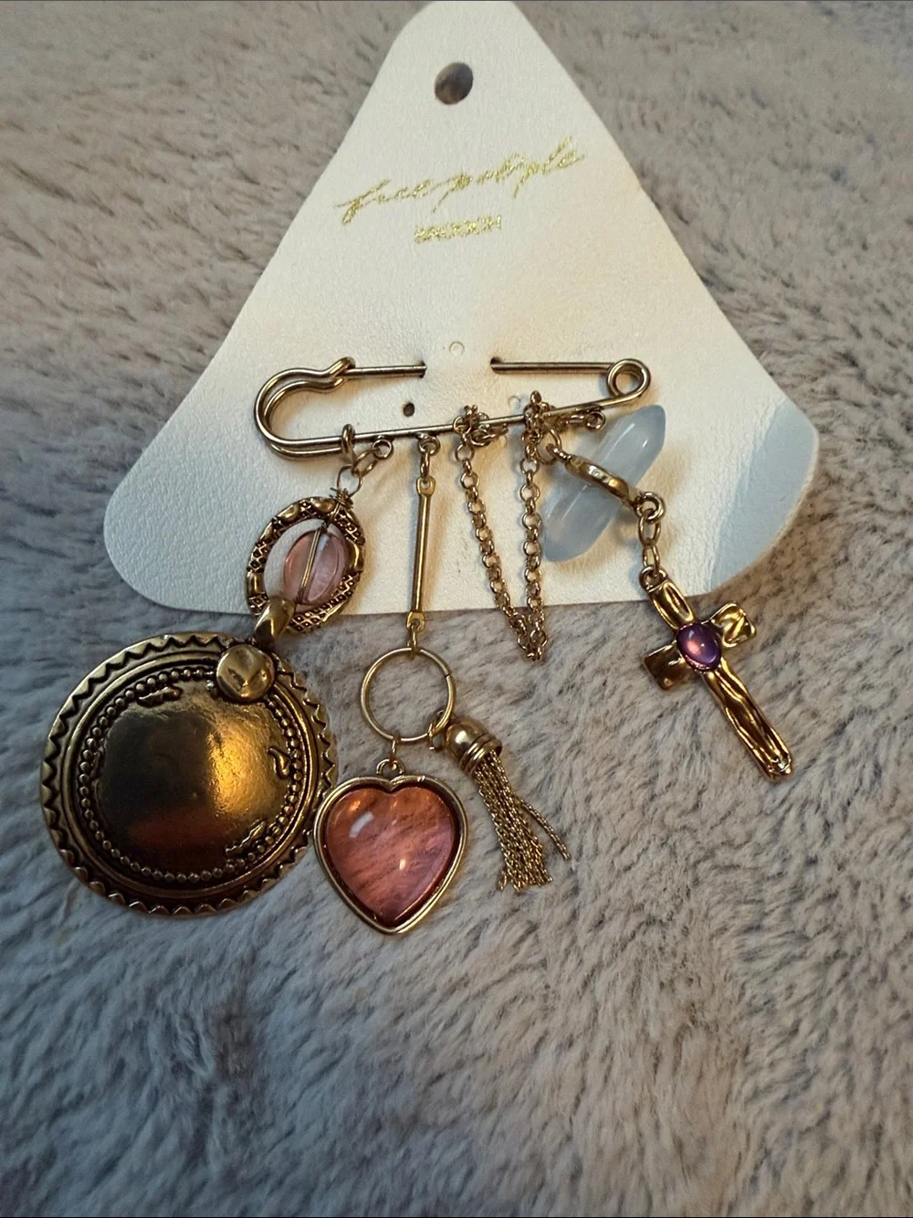 Free People Gold-Tone Charm Brooch with Pink Heart and Blue Beads